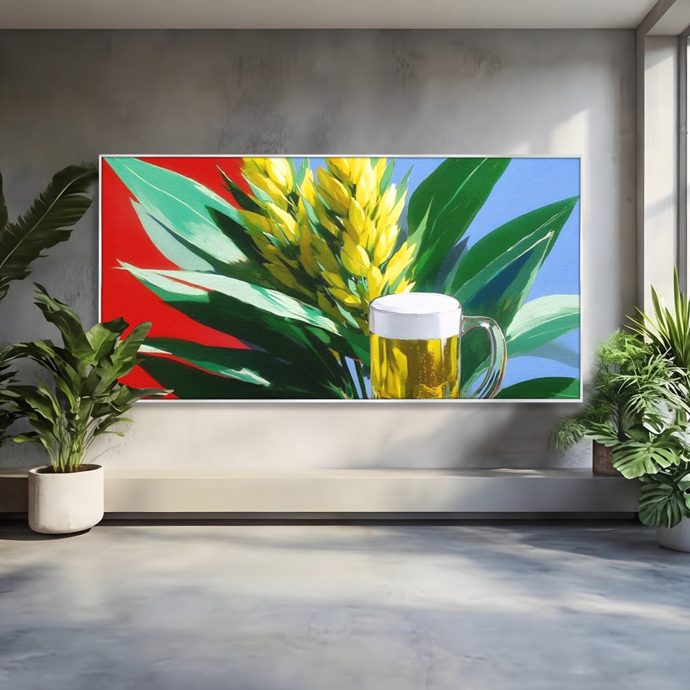 Tablou canvas cu tablou canvas cu halba de bere si frunze tropicale, in rama de aluminiu argintiu