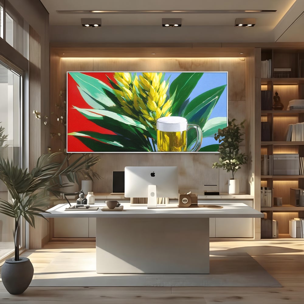 Tablou canvas cu tablou canvas cu halba de bere si frunze tropicale, in rama de aluminiu argintiu, pe perete intr-un birou