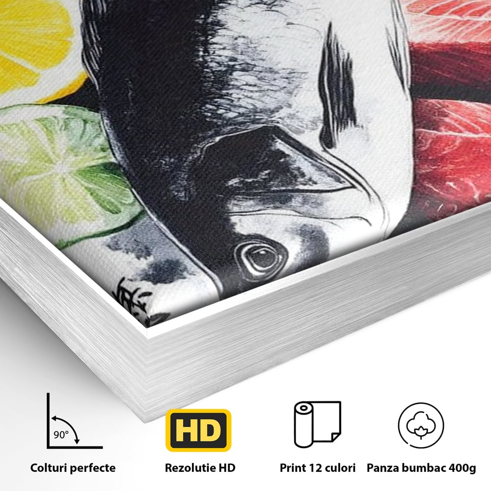 Detaliu al suprafetei: ilustratie cu peste intreg si fileuri, in rama de aluminiu argintiu