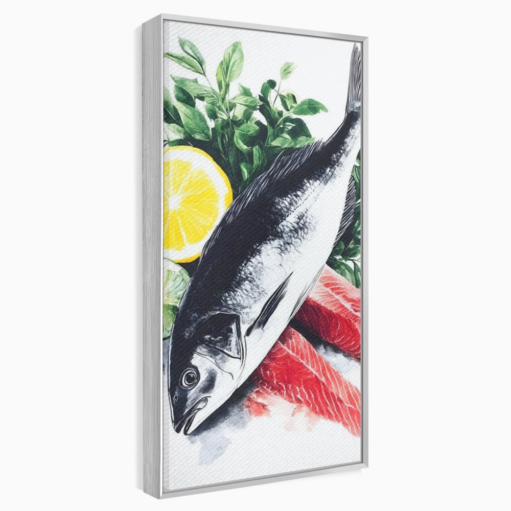 Tablou canvas cu ilustratie cu peste intreg si fileuri, in rama de aluminiu argintiu