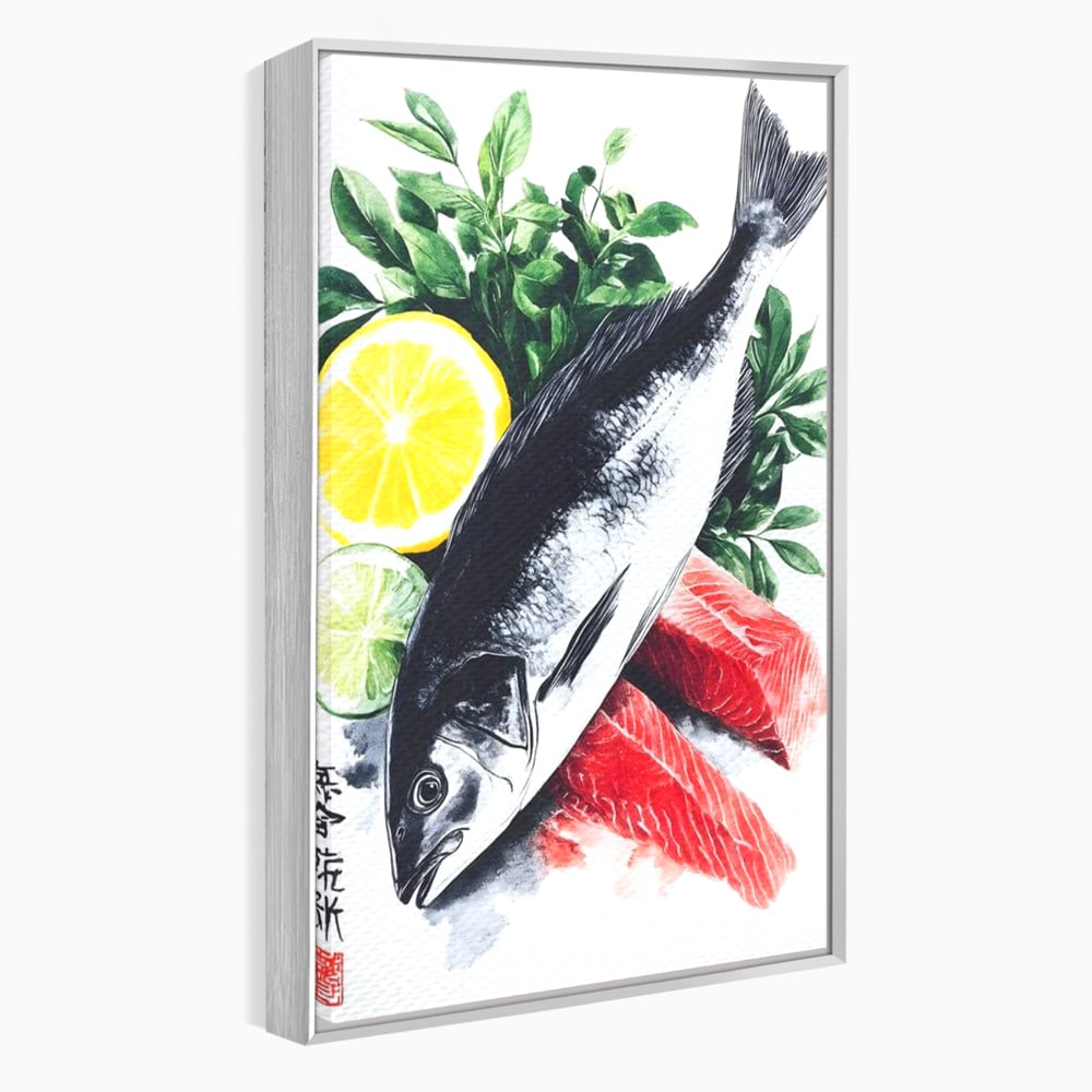 Tablou canvas cu ilustratie cu peste intreg si fileuri, in rama de aluminiu argintiu