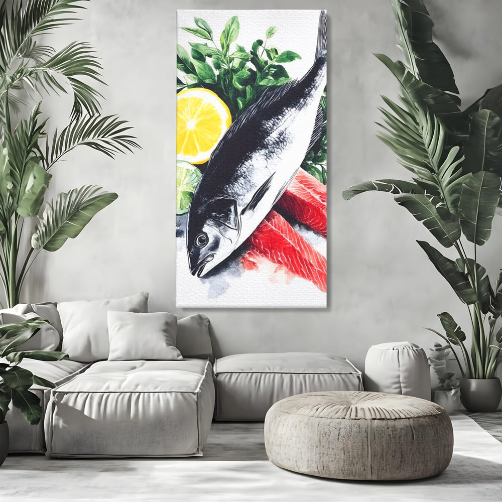 Tablou canvas cu ilustratie cu peste intreg si fileuri, fara rama, pe sasiu de lemn, pe perete intr-un living