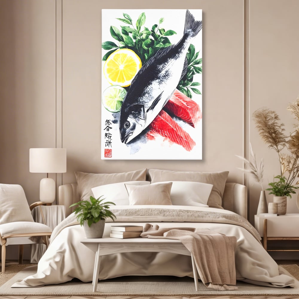 Tablou canvas cu ilustratie cu peste intreg si fileuri, fara rama, pe sasiu de lemn, pe perete intr-un dormitor
