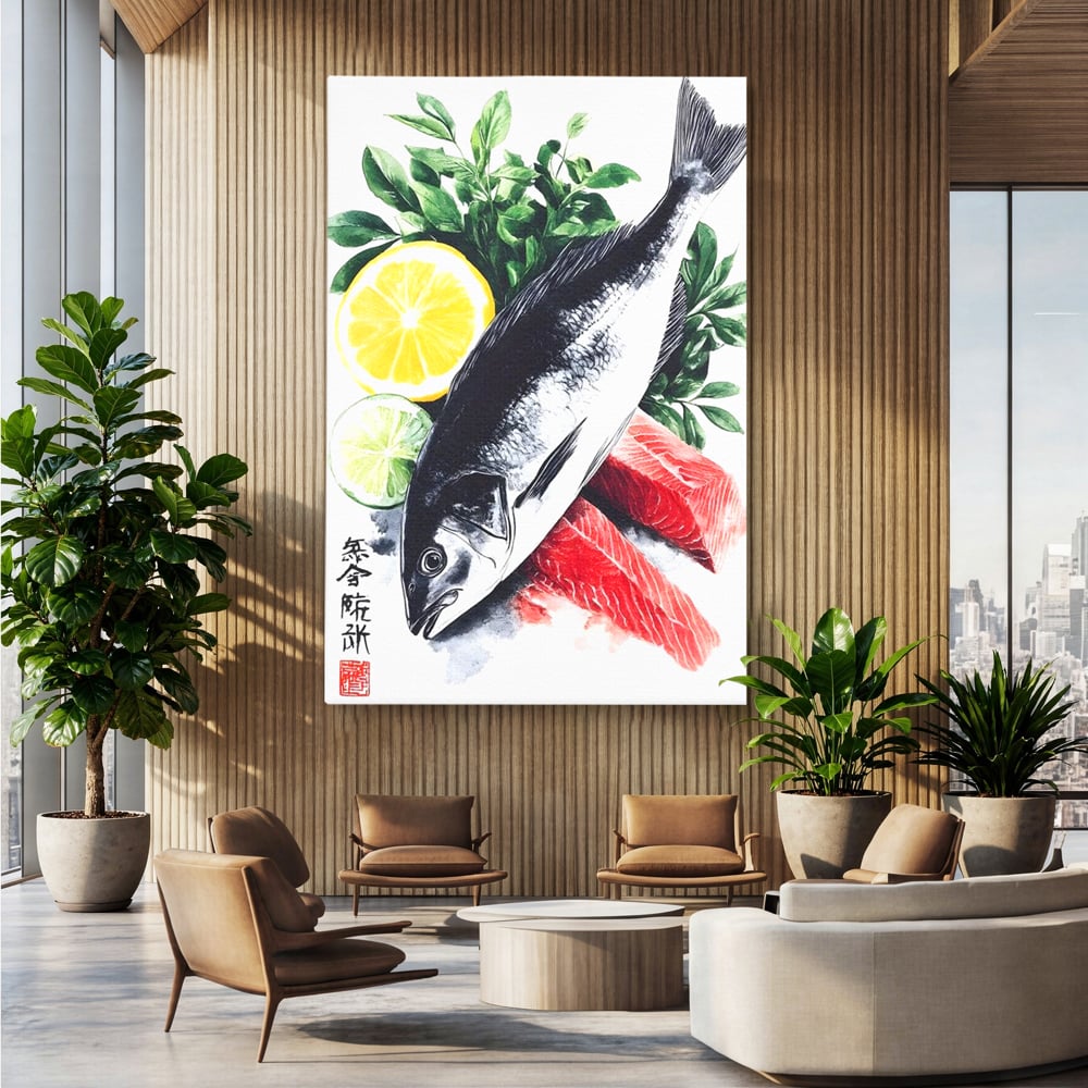 Tablou canvas cu ilustratie cu peste intreg si fileuri, fara rama, pe sasiu de lemn, pe perete intr-un birou