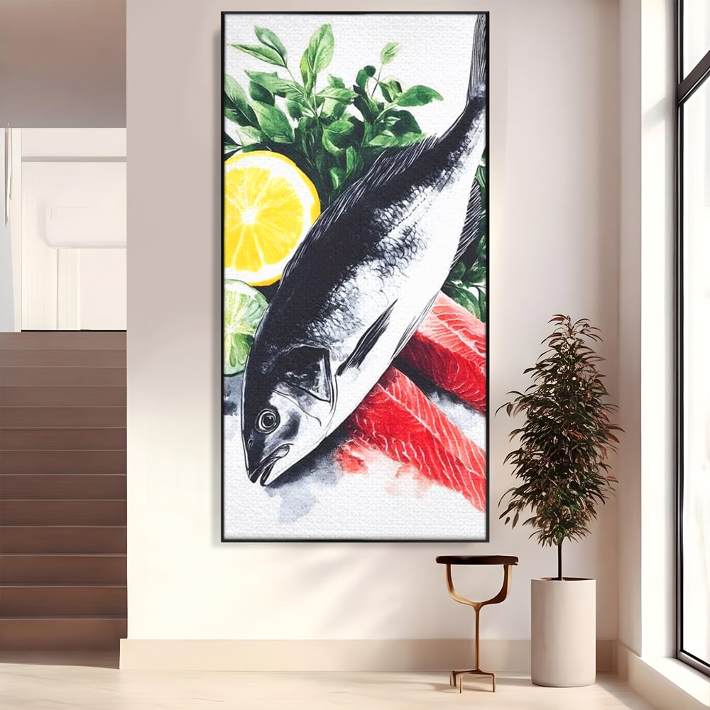 Tablou canvas cu ilustratie cu peste intreg si fileuri, in rama de aluminiu negru