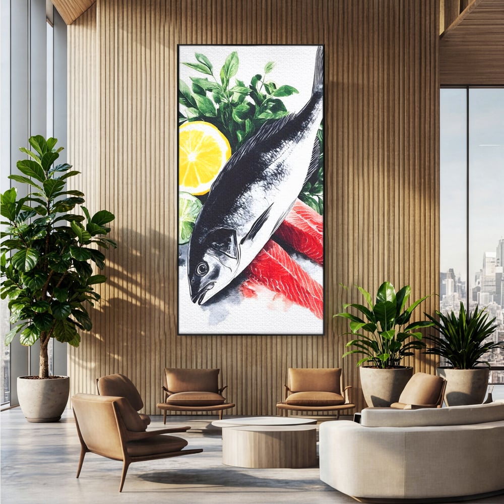 Tablou canvas cu ilustratie cu peste intreg si fileuri, in rama de aluminiu negru, pe perete intr-un birou