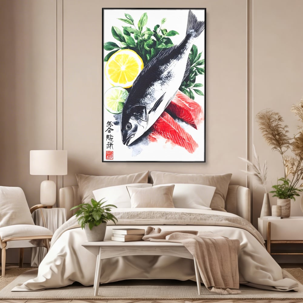 Tablou canvas cu ilustratie cu peste intreg si fileuri, in rama de aluminiu negru, pe perete intr-un dormitor