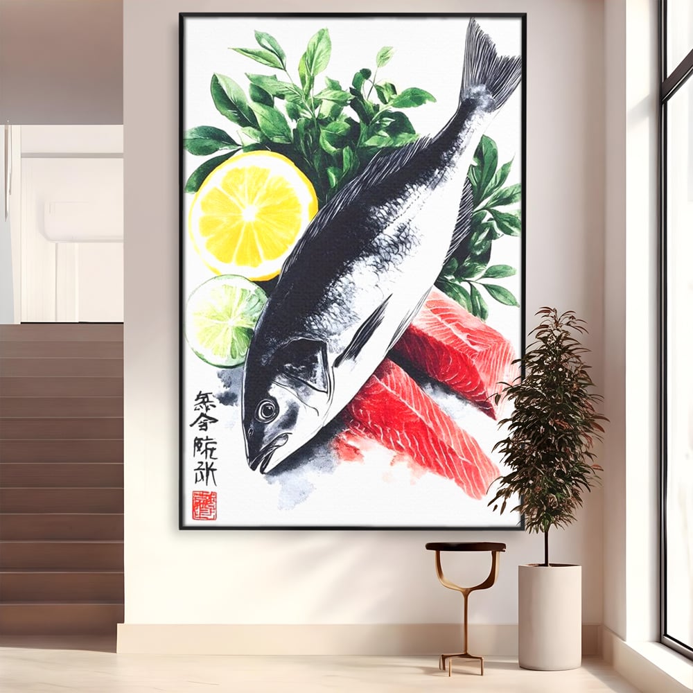 Tablou canvas cu ilustratie cu peste intreg si fileuri, in rama de aluminiu negru