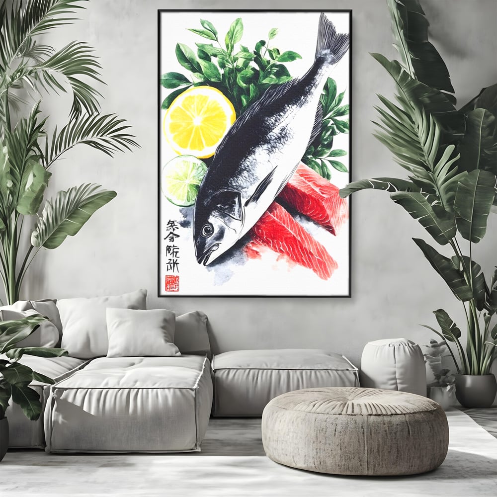Tablou canvas cu ilustratie cu peste intreg si fileuri, in rama de aluminiu negru, pe perete intr-un living