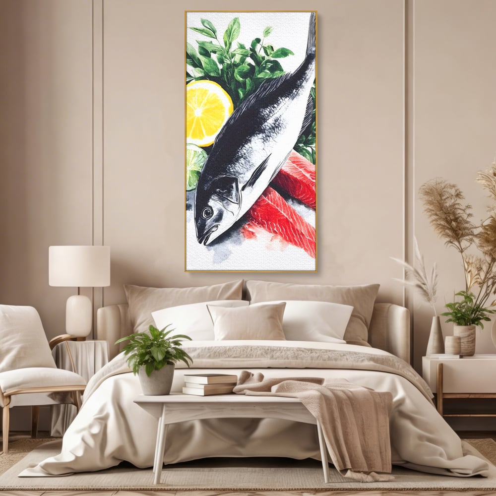 Tablou canvas cu ilustratie cu peste intreg si fileuri, in rama de aluminiu auriu, pe perete intr-un dormitor
