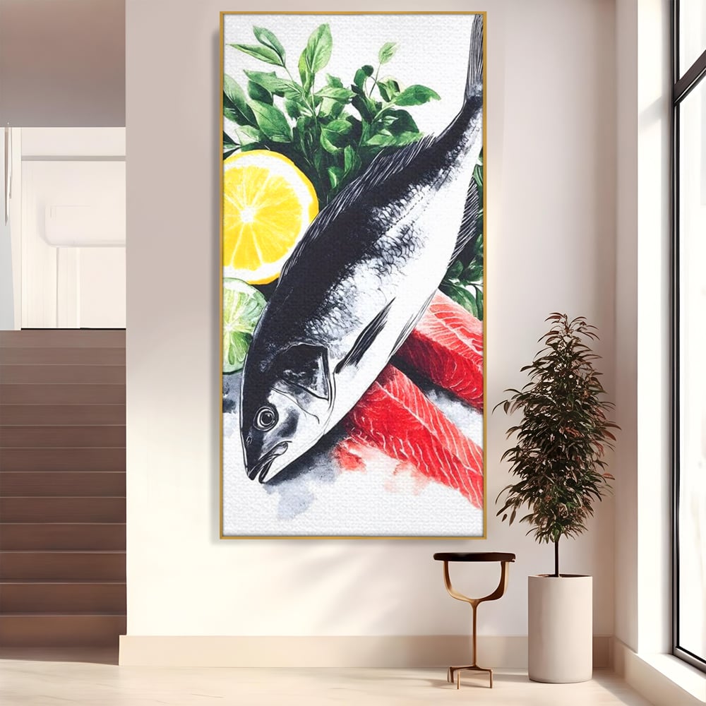 Tablou canvas cu ilustratie cu peste intreg si fileuri, in rama de aluminiu auriu