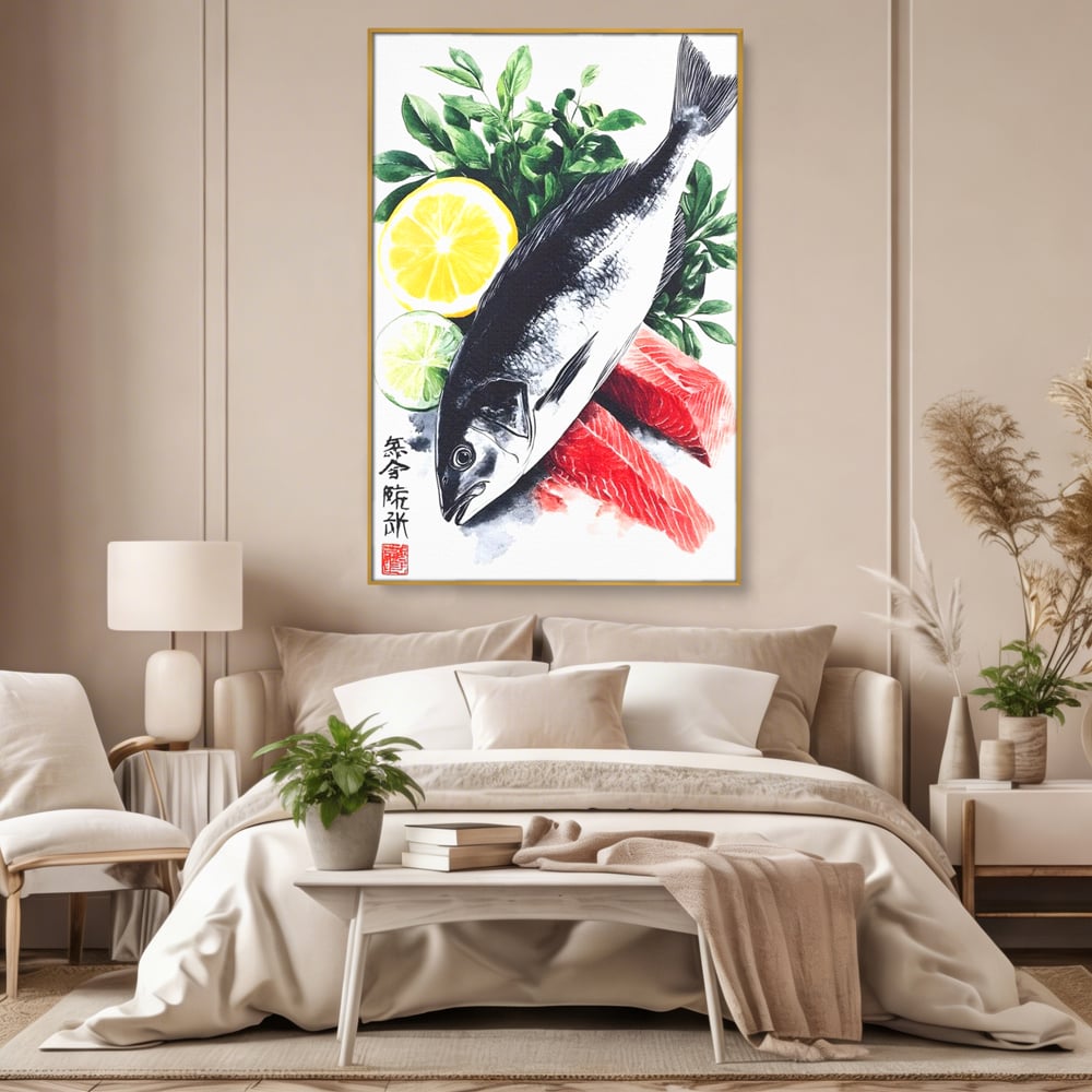 Tablou canvas cu ilustratie cu peste intreg si fileuri, in rama de aluminiu auriu, pe perete intr-un dormitor