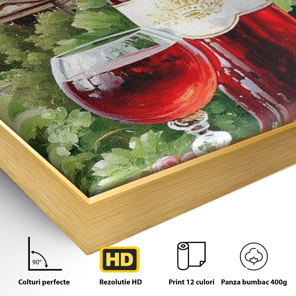 Detaliu al suprafetei: pictura cu sticla de vin si cupola, in rama de aluminiu auriu