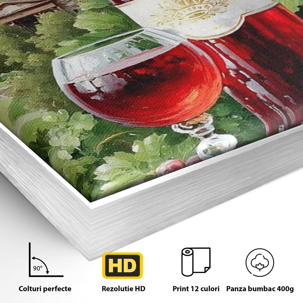 Detaliu al suprafetei: pictura cu sticla de vin si cupola, in rama de aluminiu argintiu