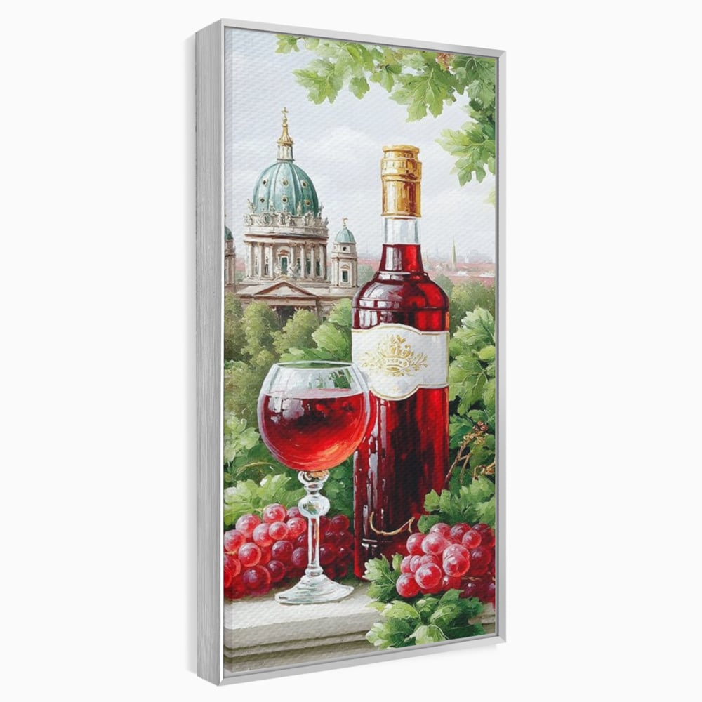 Tablou canvas cu pictura cu sticla de vin si cupola, in rama de aluminiu argintiu