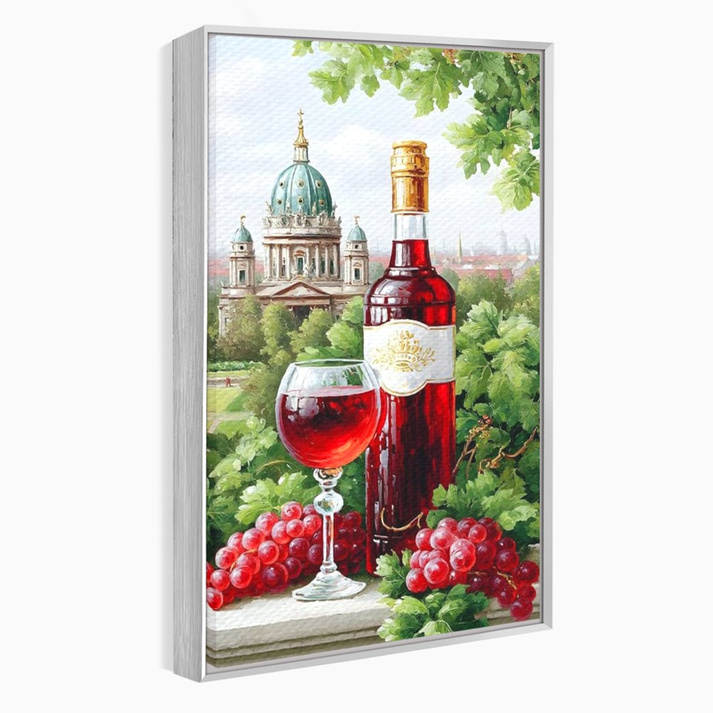 Tablou canvas cu pictura cu sticla de vin si cupola, in rama de aluminiu argintiu
