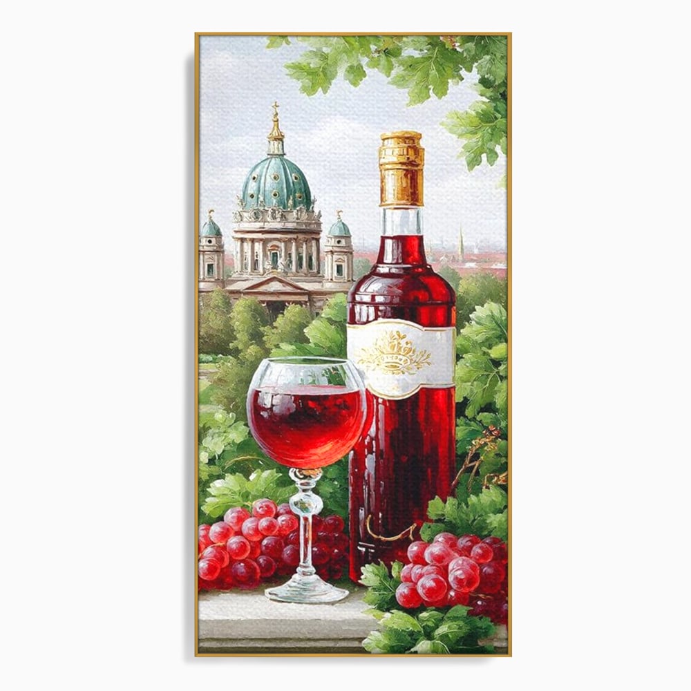 Tablou canvas cu pictura cu sticla de vin si cupola, in rama de aluminiu auriu