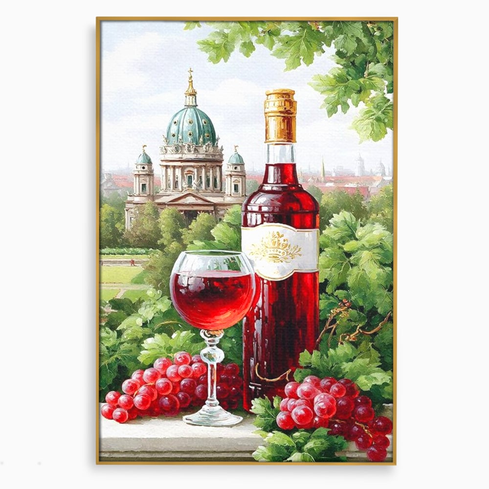Tablou canvas cu pictura cu sticla de vin si cupola, in rama de aluminiu auriu