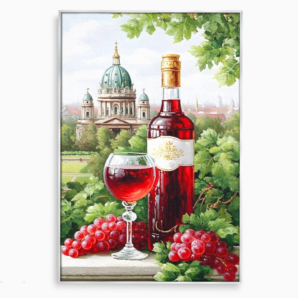 Tablou canvas cu pictura cu sticla de vin si cupola, in rama de aluminiu argintiu