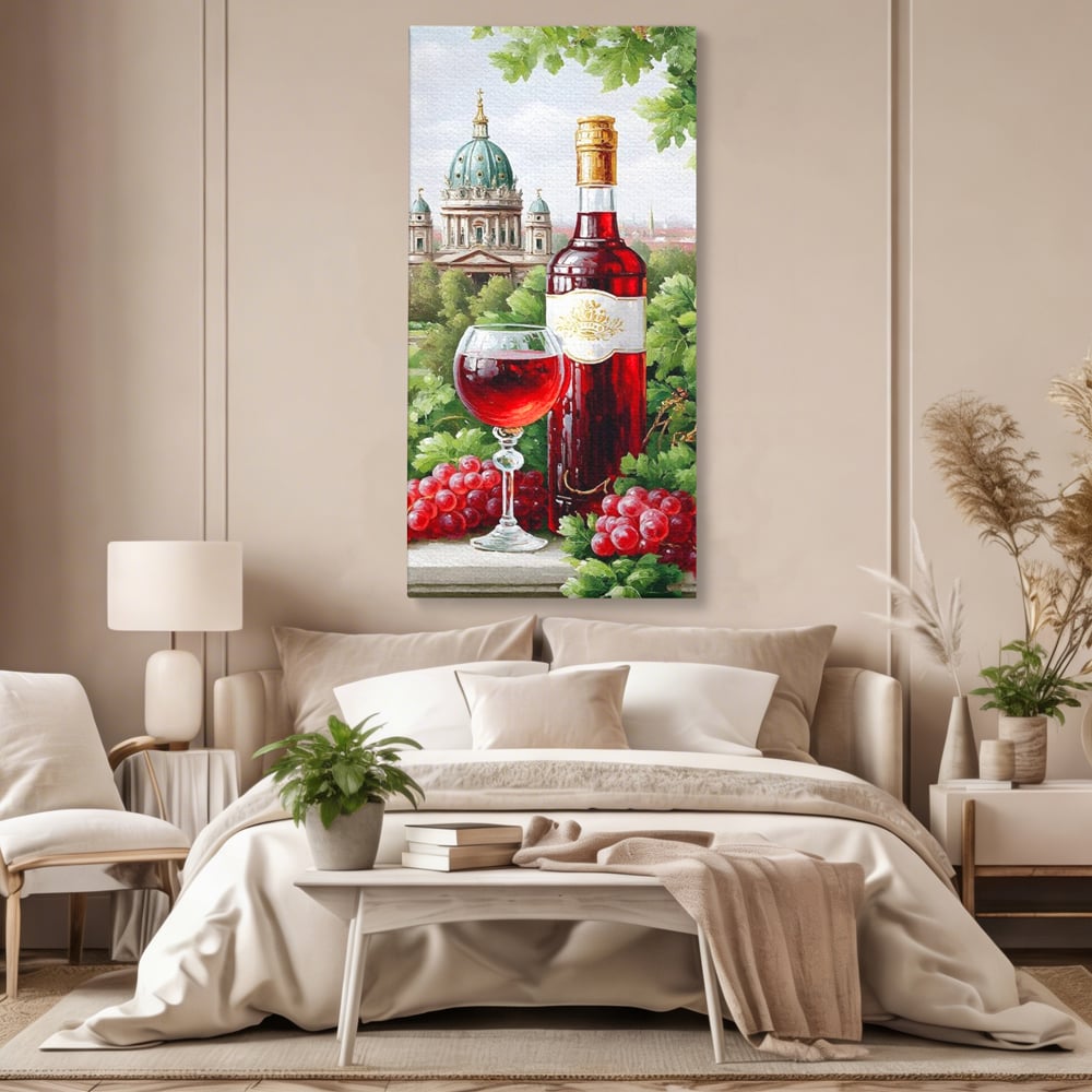 Tablou canvas cu pictura cu sticla de vin si cupola, fara rama, pe sasiu de lemn, pe perete intr-un dormitor