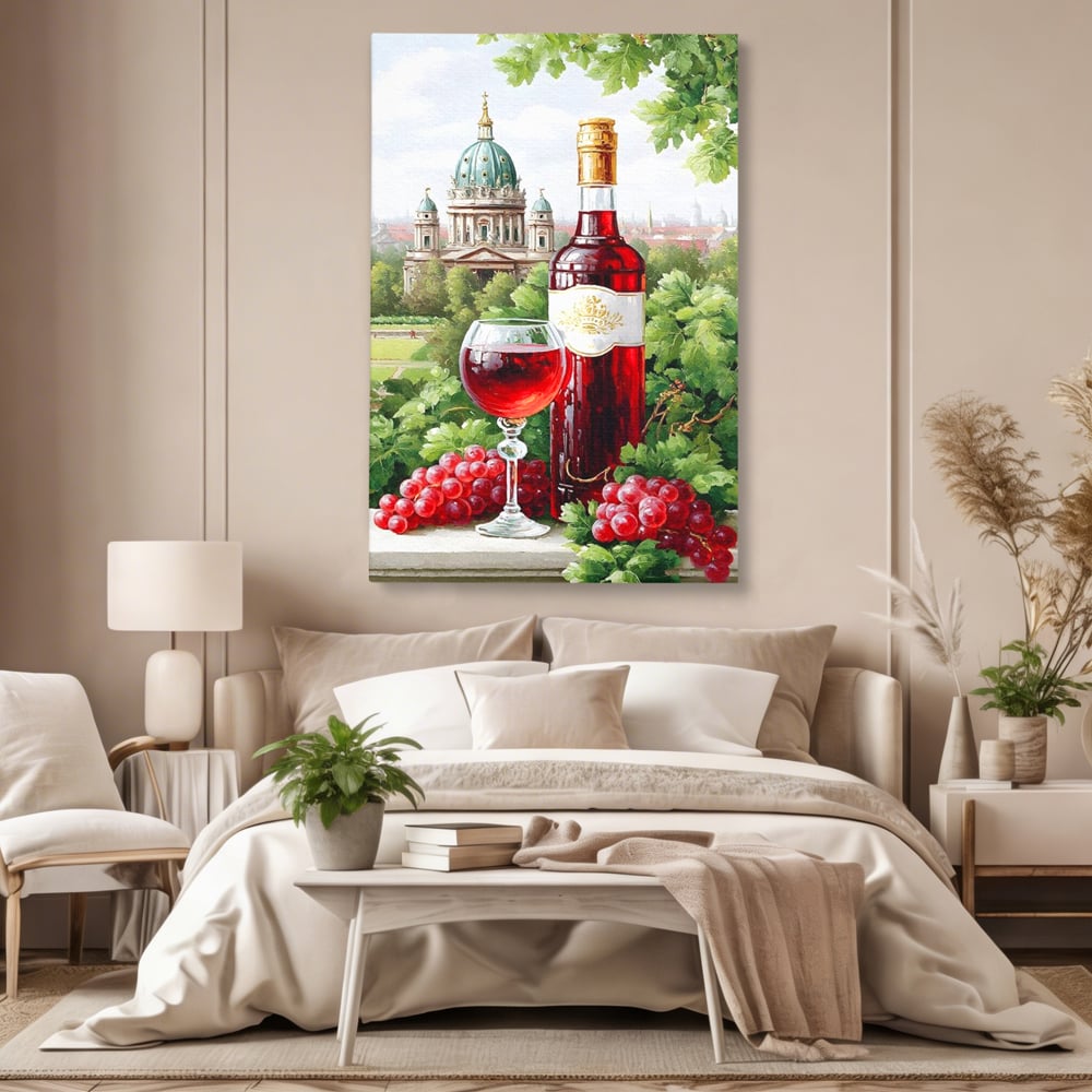 Tablou canvas cu pictura cu sticla de vin si cupola, fara rama, pe sasiu de lemn, pe perete intr-un dormitor