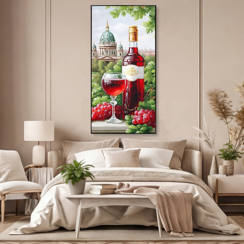 Tablou canvas cu pictura cu sticla de vin si cupola, in rama de aluminiu negru, pe perete intr-un dormitor