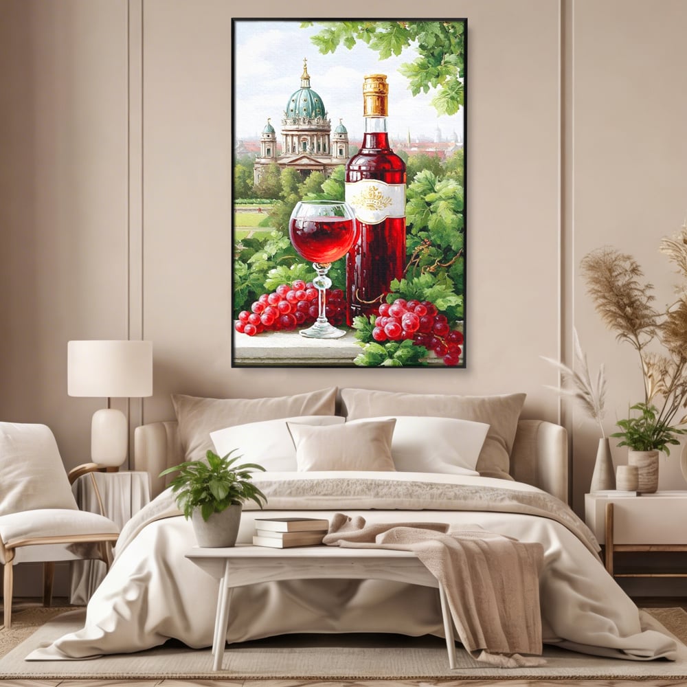 Tablou canvas cu pictura cu sticla de vin si cupola, in rama de aluminiu negru, pe perete intr-un dormitor