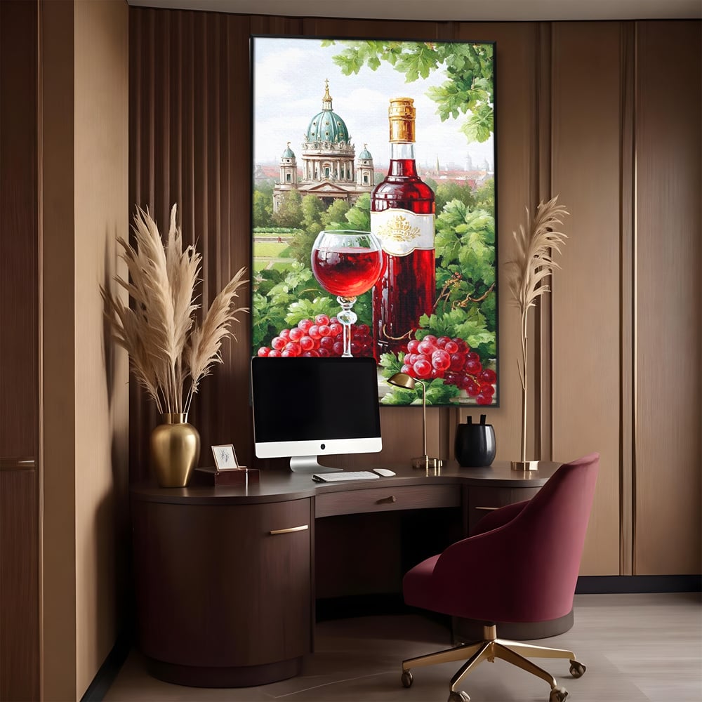 Tablou canvas cu pictura cu sticla de vin si cupola, in rama de aluminiu negru, pe perete intr-un birou