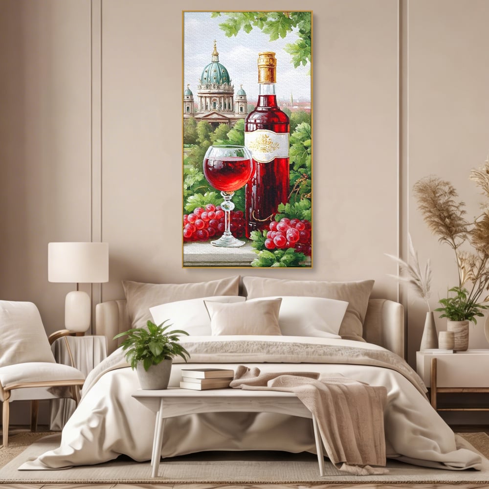Tablou canvas cu pictura cu sticla de vin si cupola, in rama de aluminiu auriu, pe perete intr-un dormitor