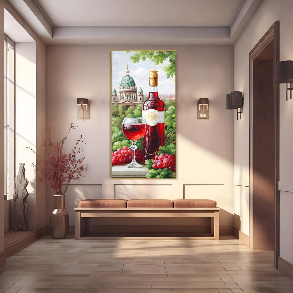 Tablou canvas cu pictura cu sticla de vin si cupola, in rama de aluminiu auriu