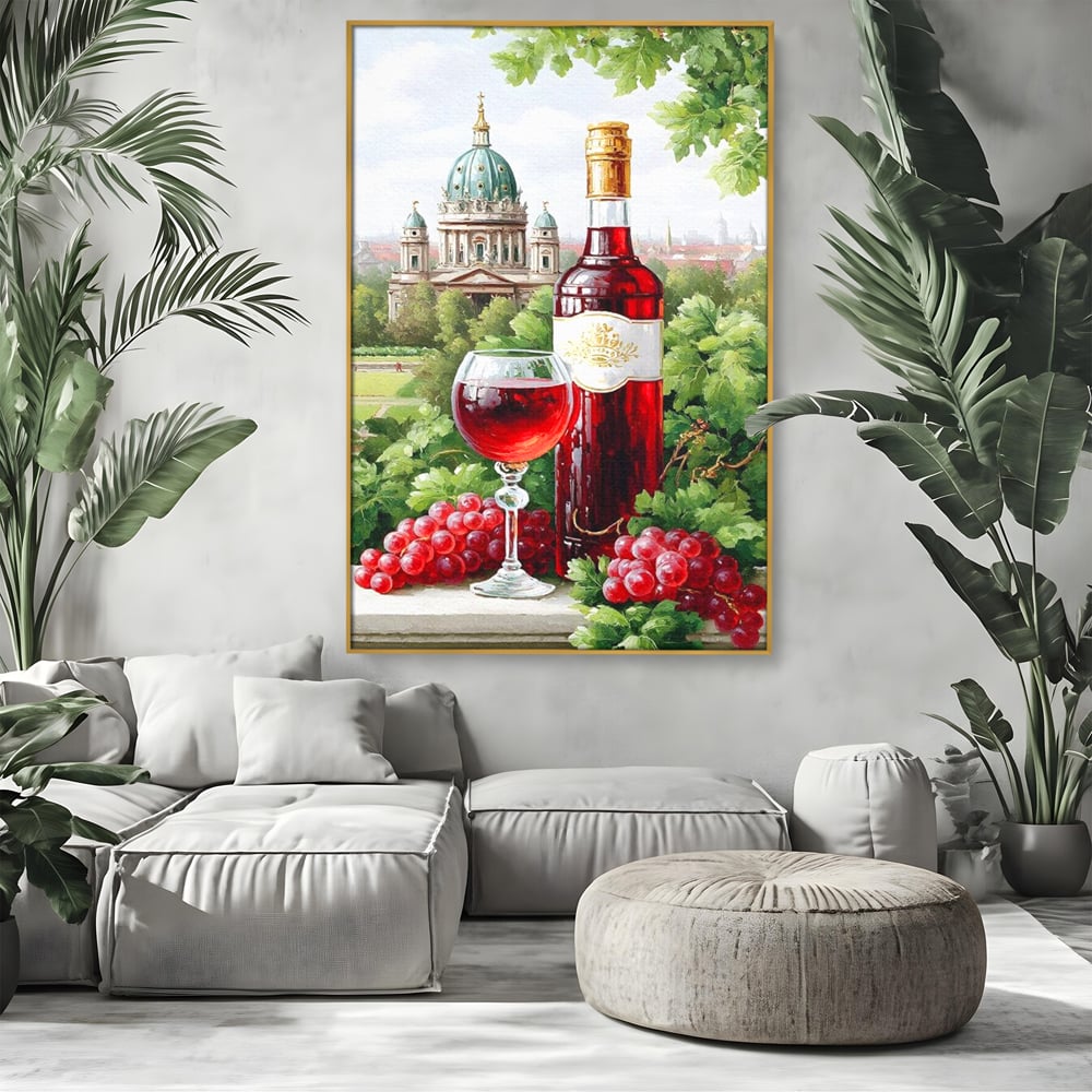 Tablou canvas cu pictura cu sticla de vin si cupola, in rama de aluminiu auriu, pe perete intr-un living