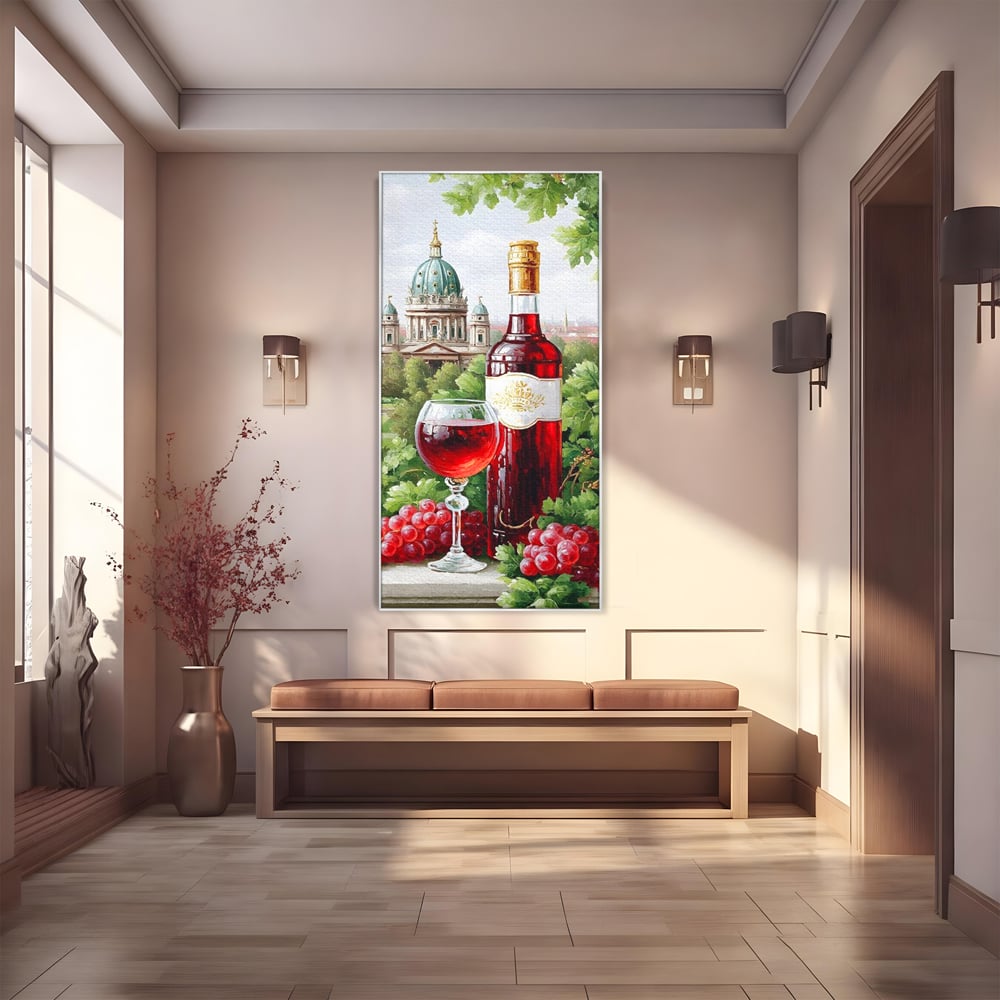 Tablou canvas cu pictura cu sticla de vin si cupola, in rama de aluminiu argintiu