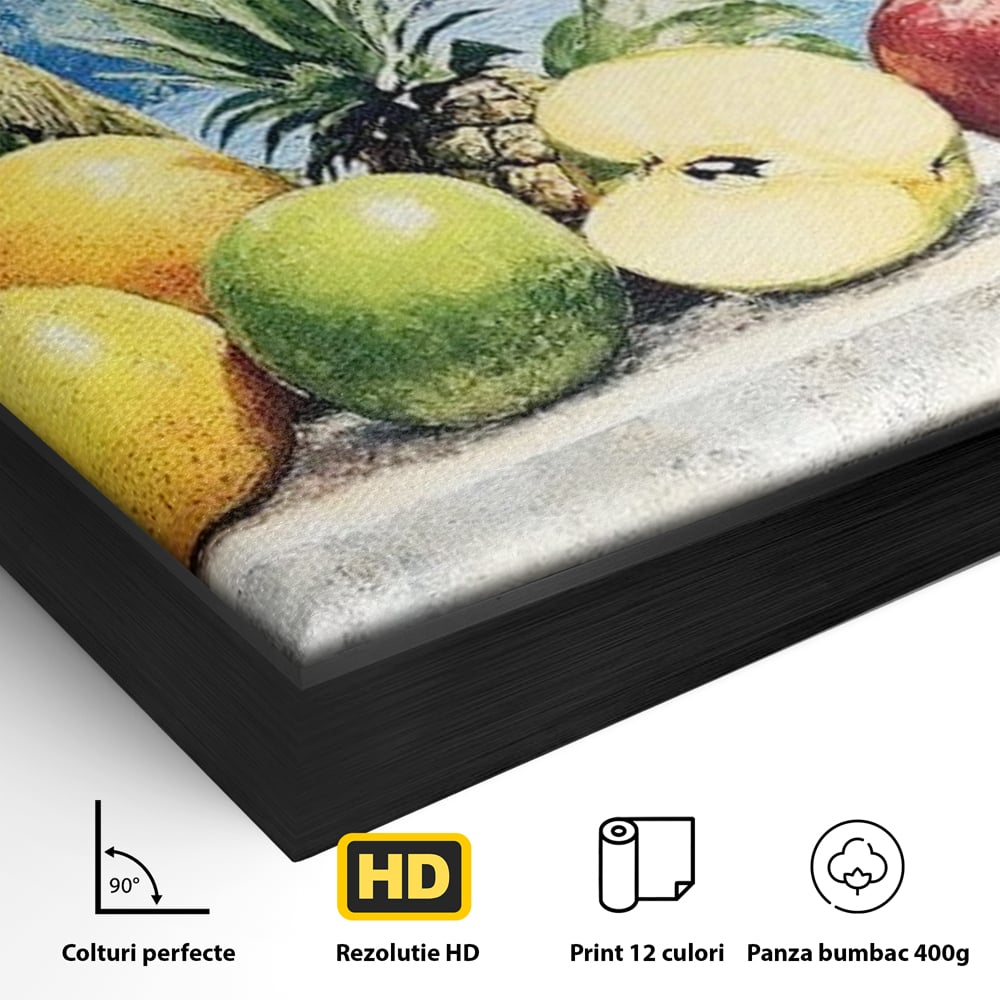 Detaliu al suprafetei: natura moarta cu fructe tropicale si ocean, in rama de aluminiu negru