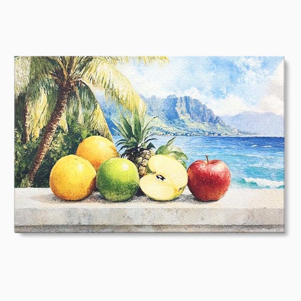 Tablou canvas cu natura moarta cu fructe tropicale si ocean, fara rama, pe sasiu de lemn