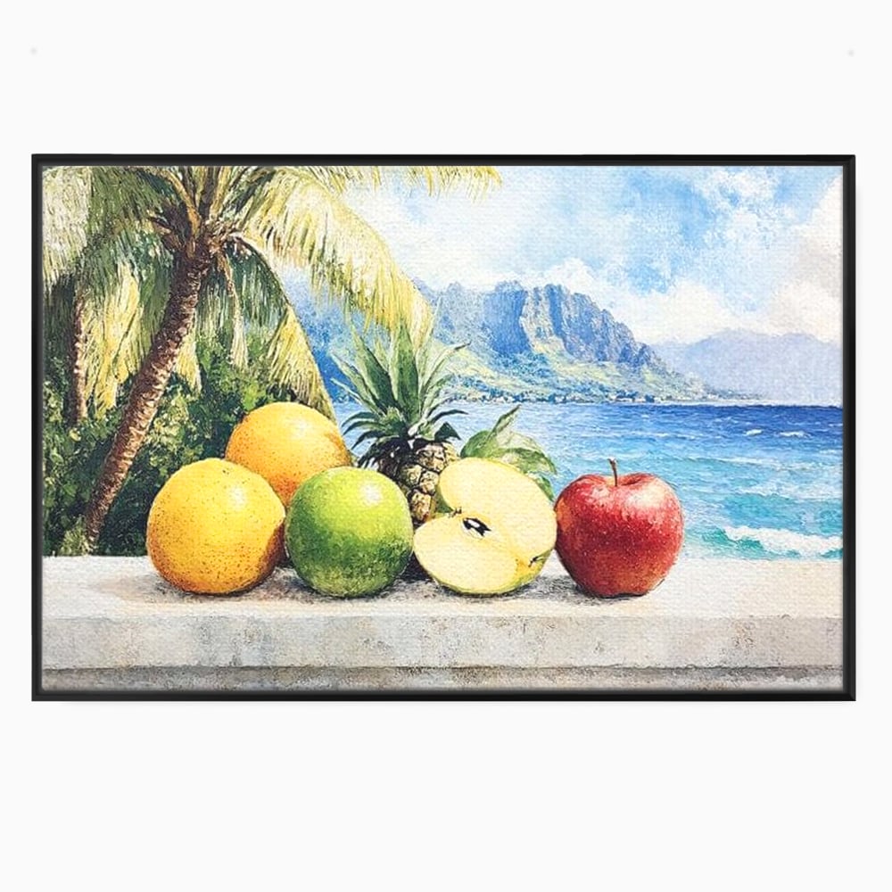 Tablou canvas cu natura moarta cu fructe tropicale si ocean, in rama de aluminiu negru