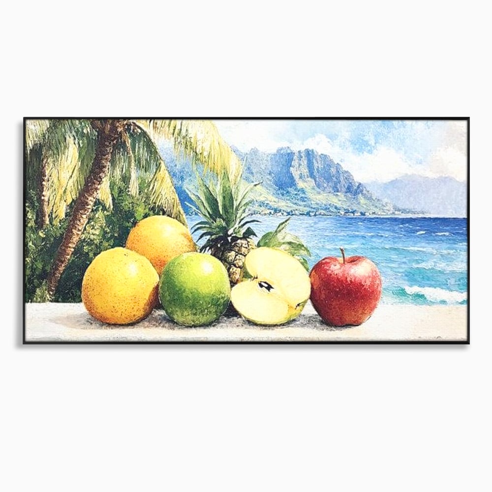 Tablou canvas cu natura moarta cu fructe tropicale si ocean, in rama de aluminiu negru