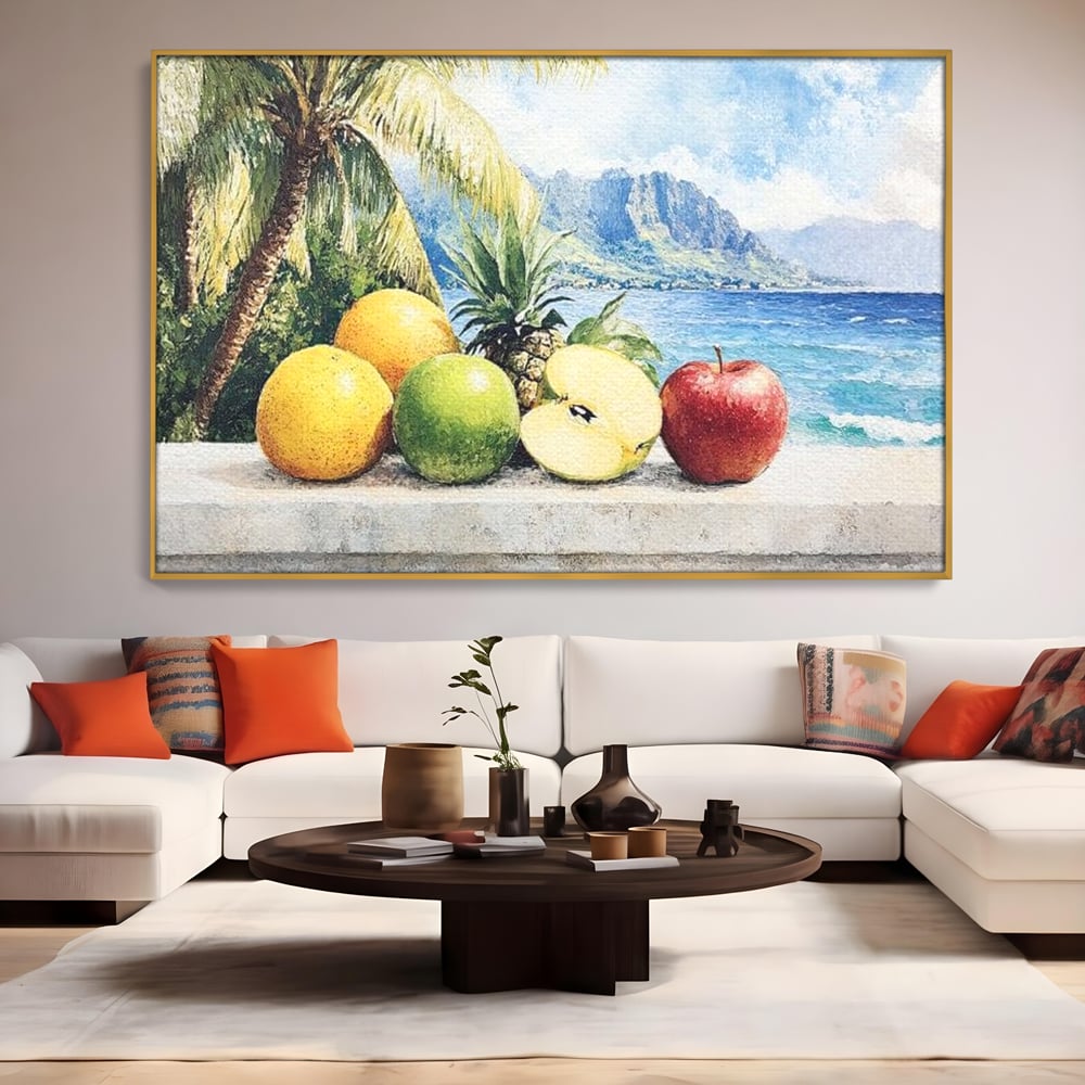 Tablou canvas cu natura moarta cu fructe tropicale si ocean, in rama de aluminiu auriu, pe perete intr-un living