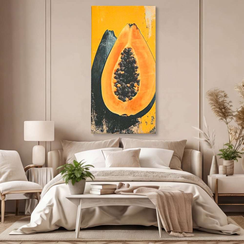 Tablou canvas cu tablou canvas cu papaya taiata, fara rama, pe sasiu de lemn, pe perete intr-un dormitor