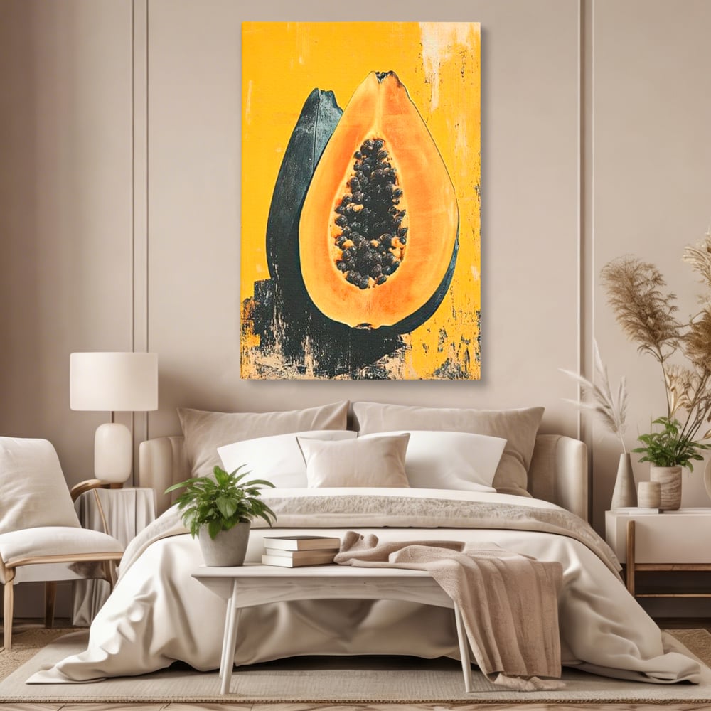 Tablou canvas cu tablou canvas cu papaya taiata, fara rama, pe sasiu de lemn, pe perete intr-un dormitor
