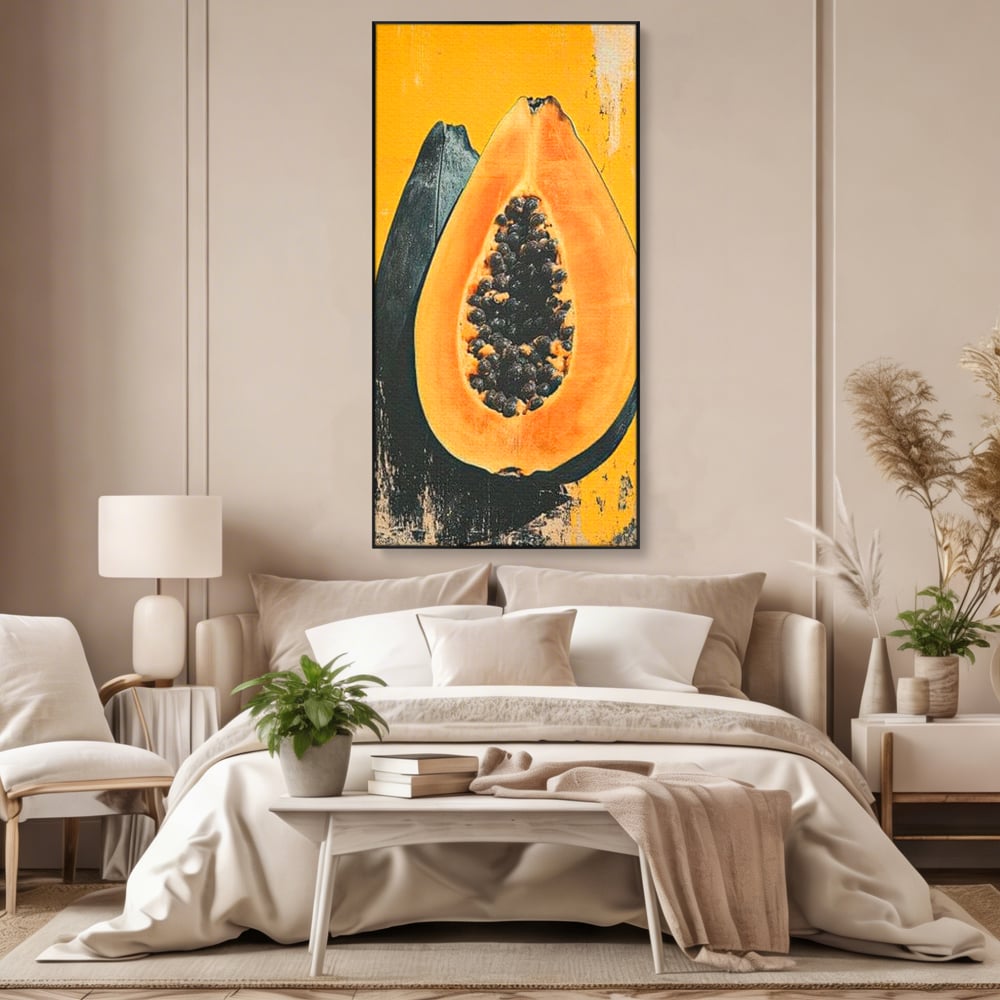 Tablou canvas cu tablou canvas cu papaya taiata, in rama de aluminiu negru, pe perete intr-un dormitor