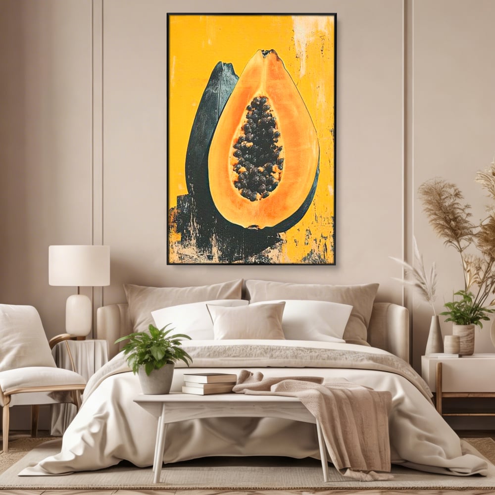 Tablou canvas cu tablou canvas cu papaya taiata, in rama de aluminiu negru, pe perete intr-un dormitor