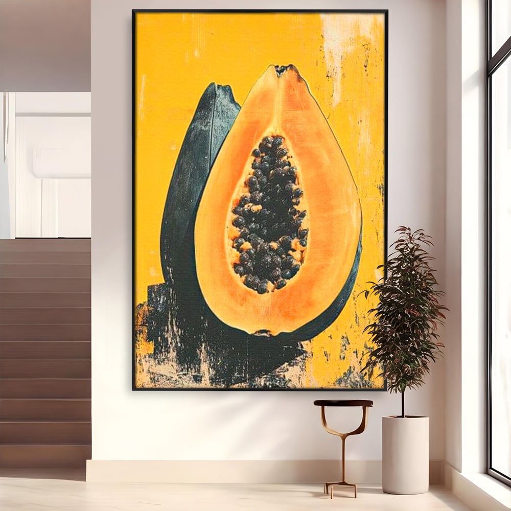 Tablou canvas cu tablou canvas cu papaya taiata, in rama de aluminiu negru