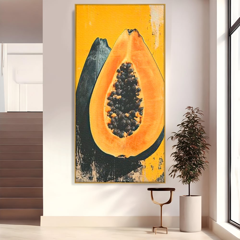 Tablou canvas cu tablou canvas cu papaya taiata, in rama de aluminiu auriu