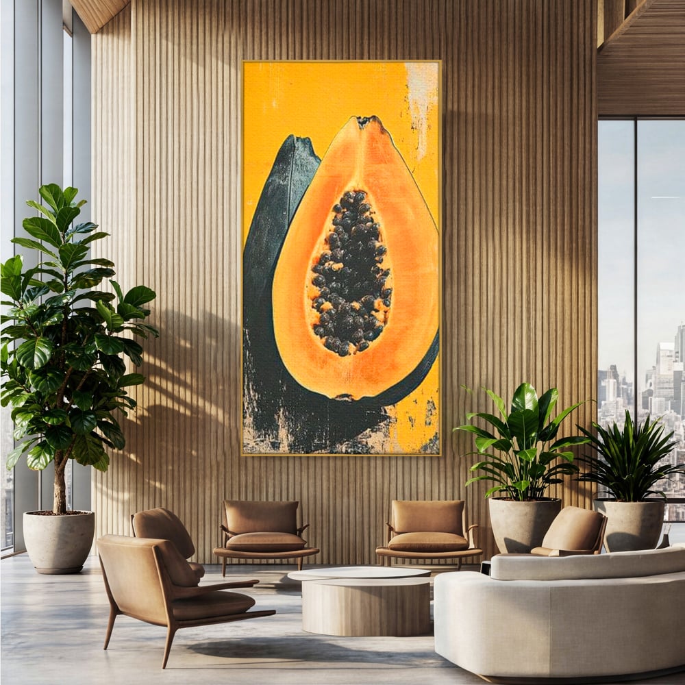 Tablou canvas cu tablou canvas cu papaya taiata, in rama de aluminiu auriu, pe perete intr-un birou