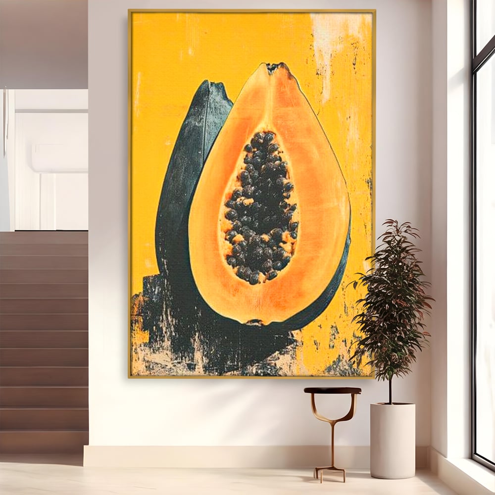 Tablou canvas cu tablou canvas cu papaya taiata, in rama de aluminiu auriu