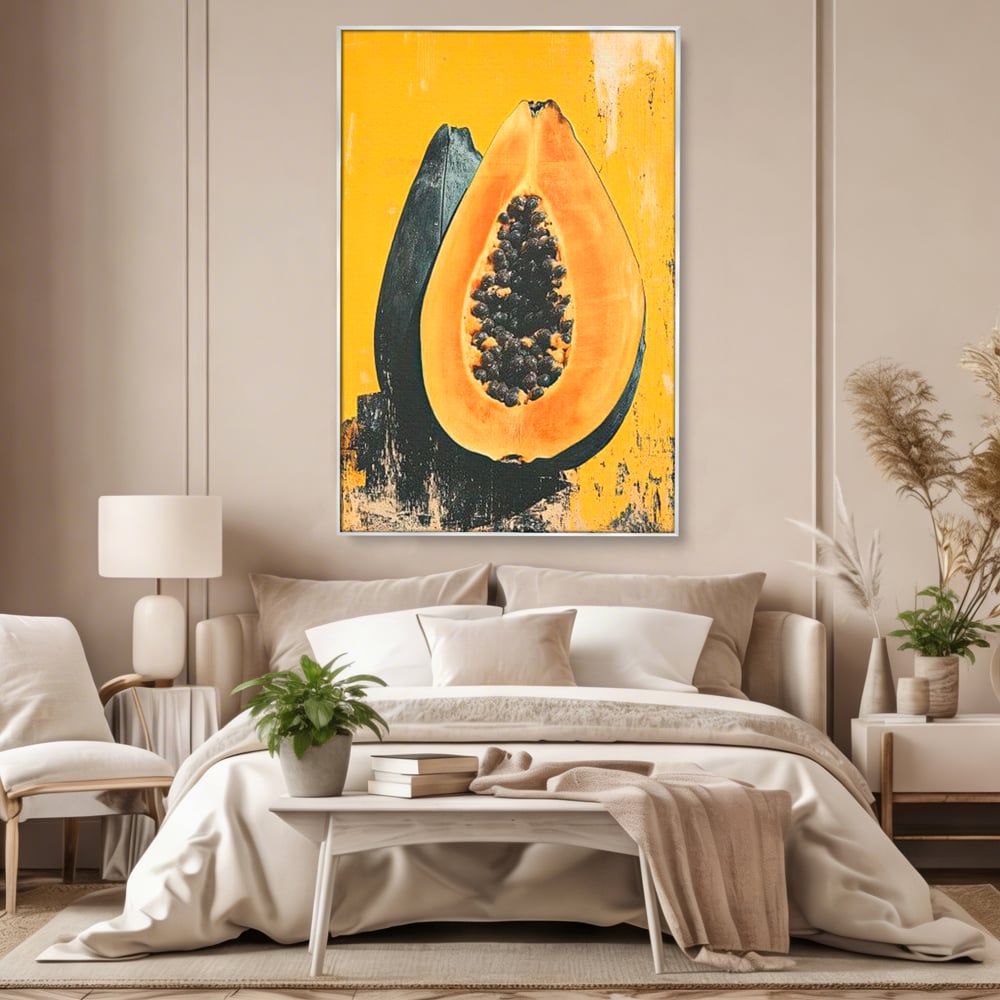 Tablou canvas cu tablou canvas cu papaya taiata, in rama de aluminiu argintiu, pe perete intr-un dormitor