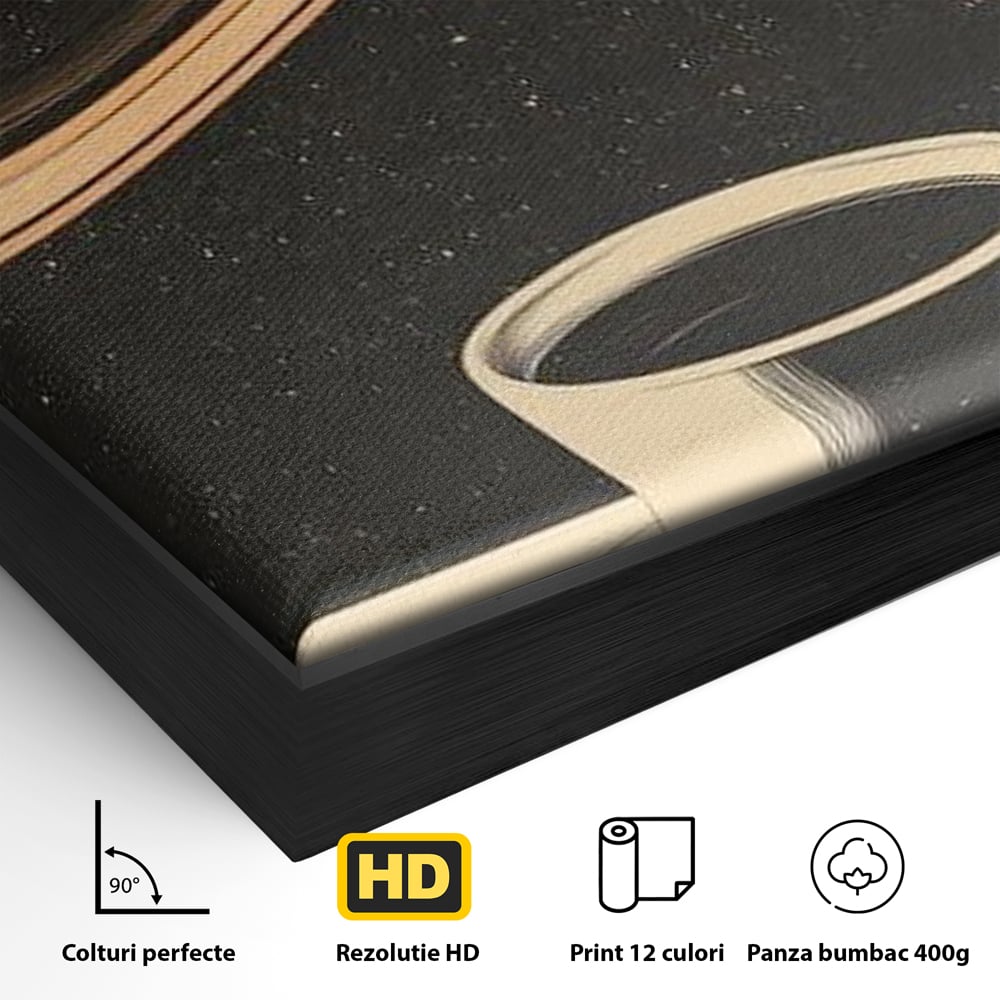 Detaliu al suprafetei: ilustratie cu ceasca de cafea si planeta saturn, in rama de aluminiu negru