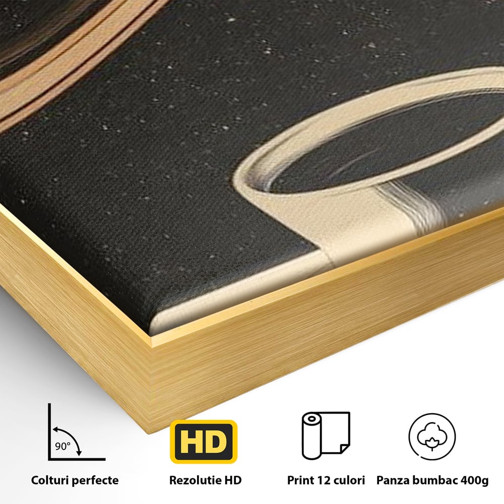 Detaliu al suprafetei: ilustratie cu ceasca de cafea si planeta saturn, in rama de aluminiu auriu
