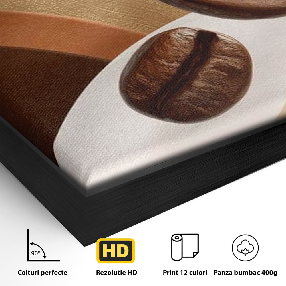 Detaliu al suprafetei: tablou canvas cu boabe de cafea, in rama de aluminiu negru