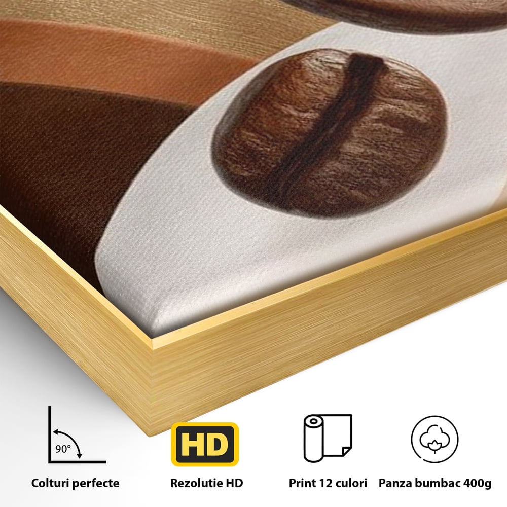 Detaliu al suprafetei: tablou canvas cu boabe de cafea, in rama de aluminiu auriu